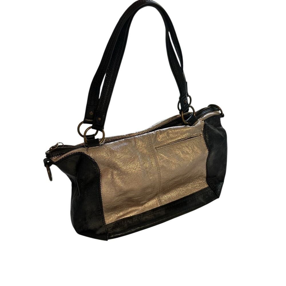 The Sac Womens Handbag Purse Metallic Pockets Black Silver Gold Organized